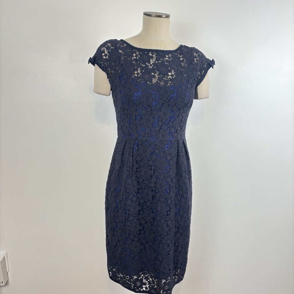 Nanette Lepore Womens 10 Around the World Sheath Dress Navy Blue Lace Bow Detail